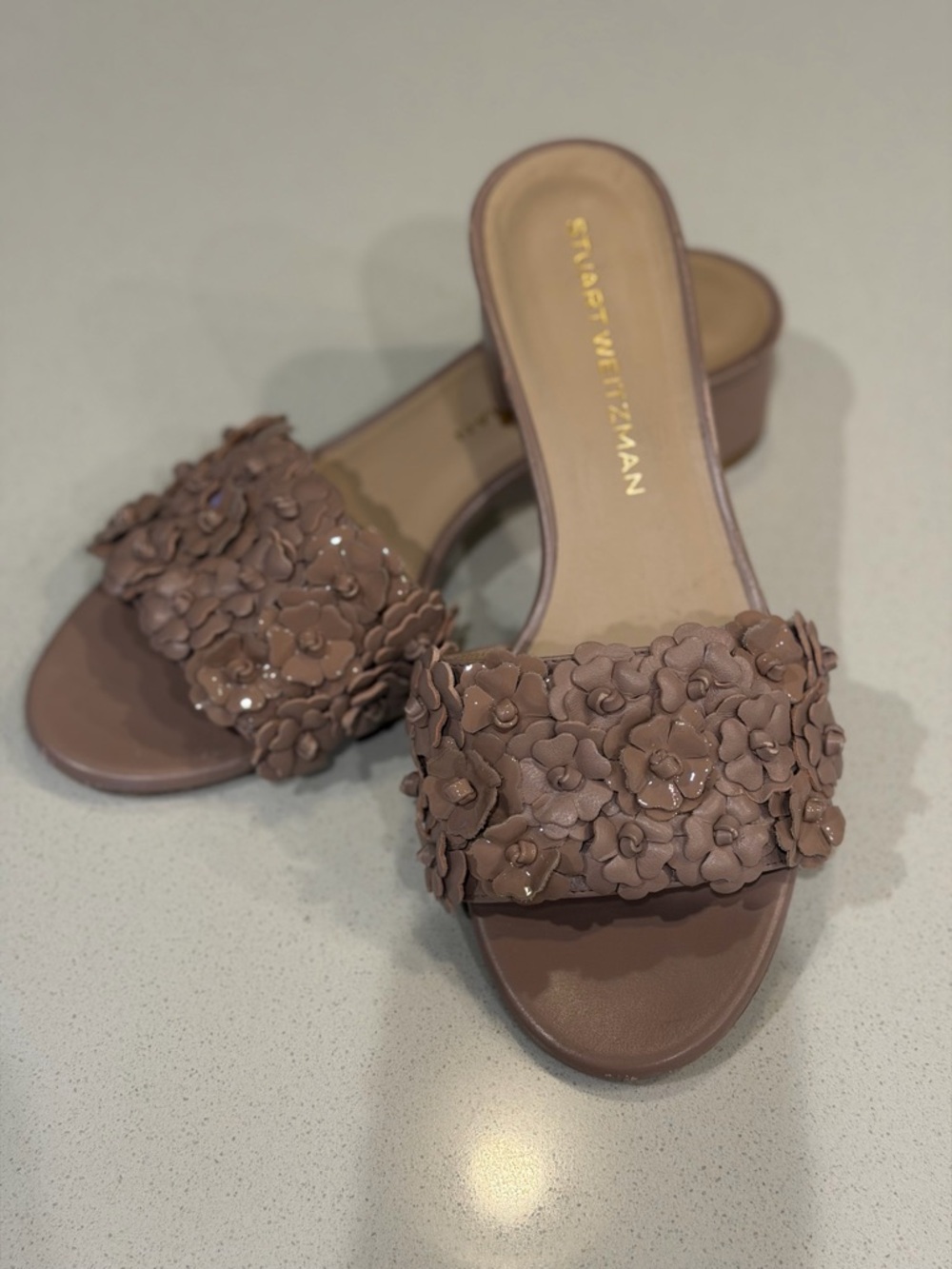 Stuart Weitzman Size 9 Slide Sandals Taupe Beige 3D Floral Accents EUC